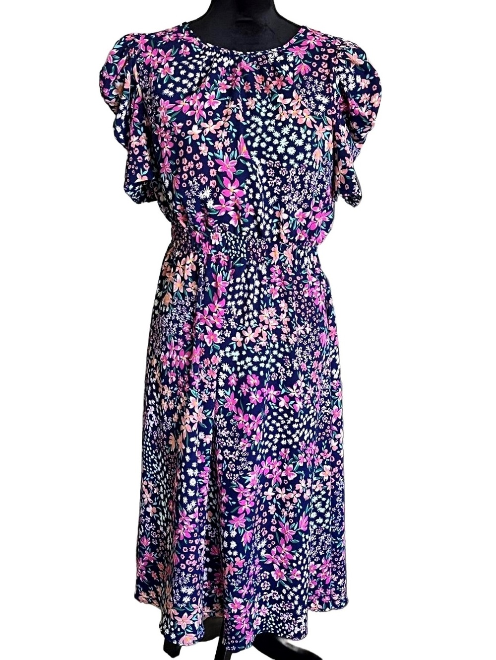 London Times Floral Midi Dress with Puff Sleeves Size US 12